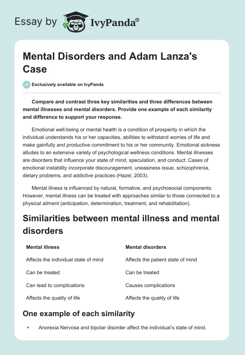 Mental Disorders and Adam Lanza's Case. Page 1