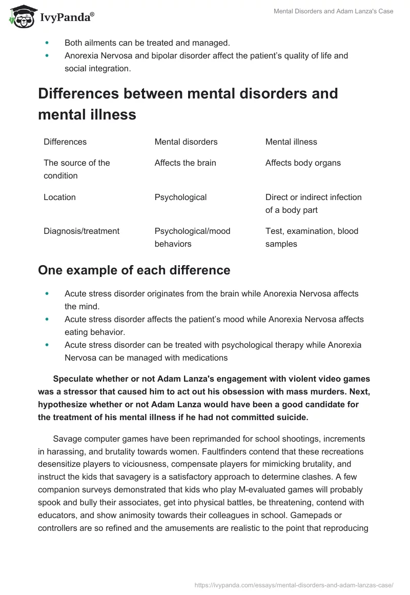 Mental Disorders and Adam Lanza's Case. Page 2