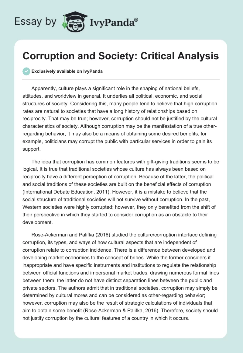 Corruption and Society: Critical Analysis. Page 1