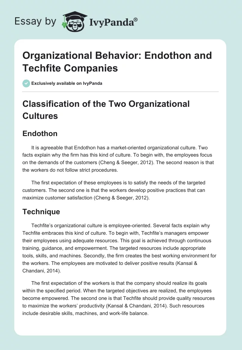 Organizational Behavior: Endothon and Techfite Companies. Page 1