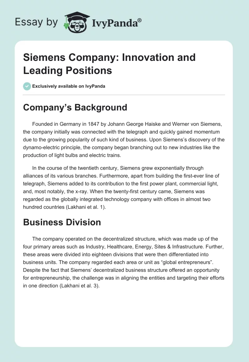 Siemens Company: Innovation and Leading Positions. Page 1