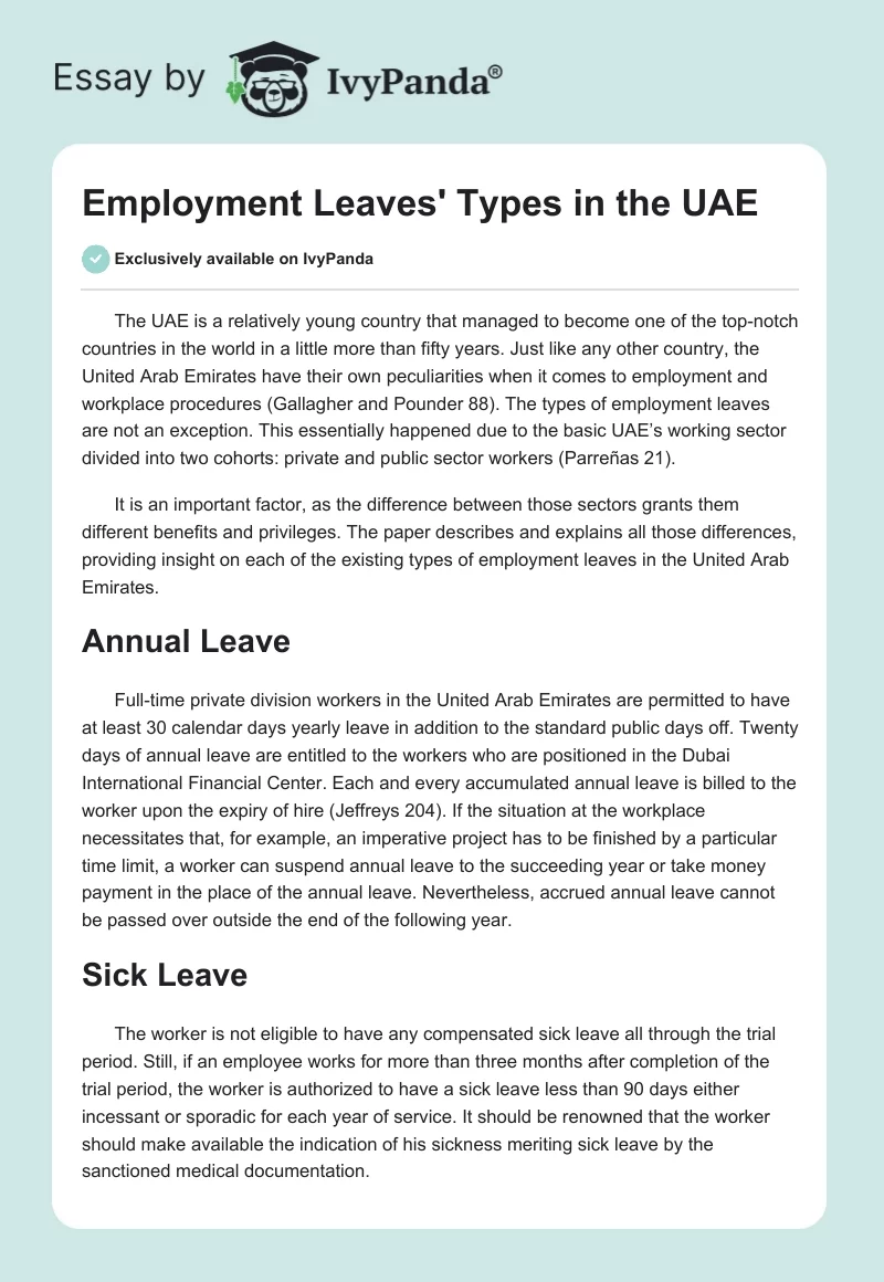 Employment Leaves' Types in the UAE. Page 1