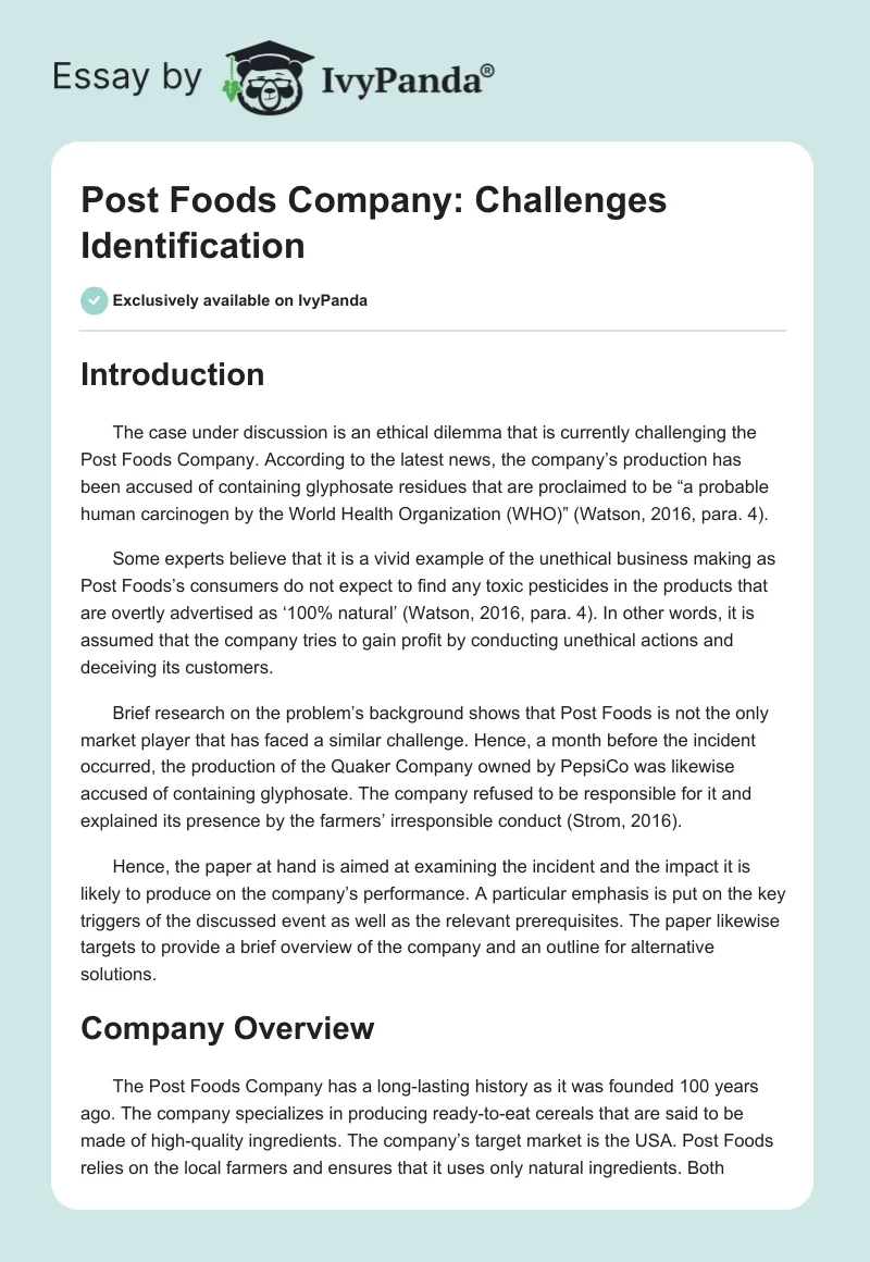 Post Foods Company: Challenges Identification. Page 1