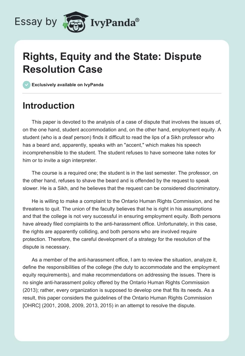 Rights, Equity and the State: Dispute Resolution Case. Page 1