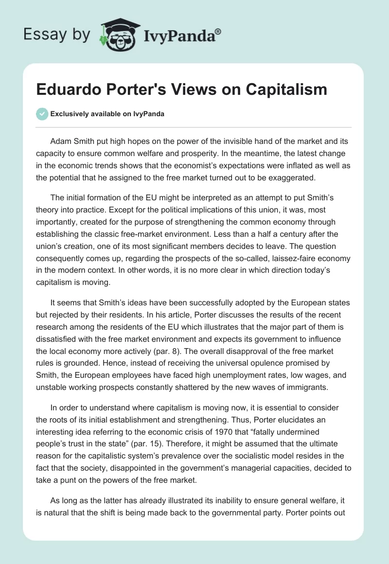 Eduardo Porter's Views on Capitalism. Page 1
