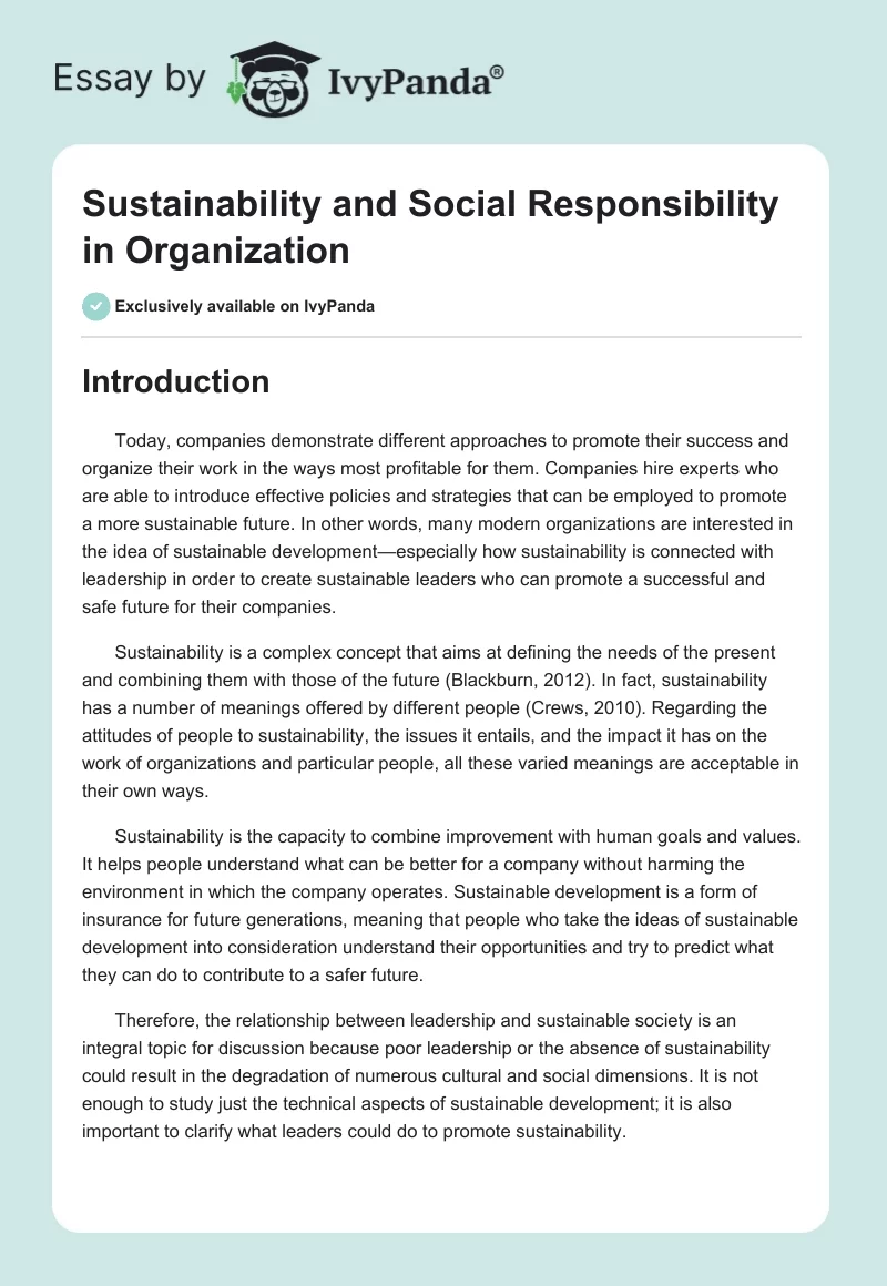 Sustainability and Social Responsibility in Organization. Page 1