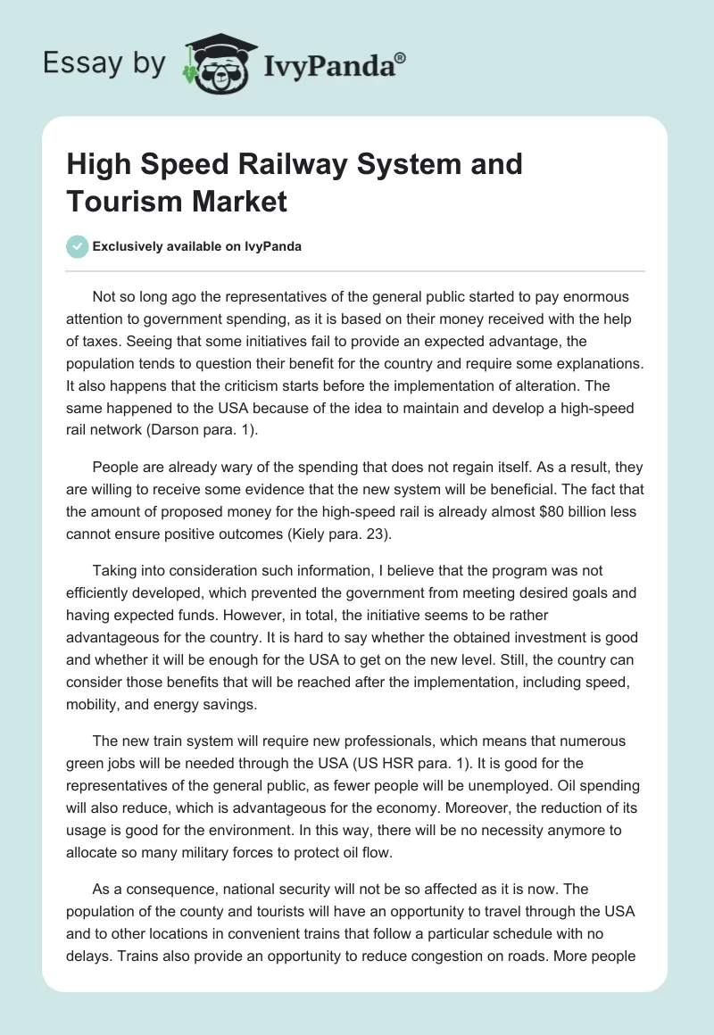 High Speed Railway System and Tourism Market. Page 1