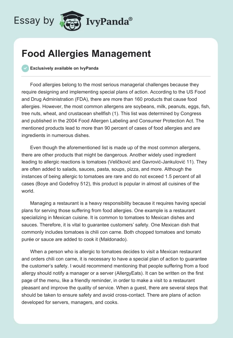 Food Allergies Management. Page 1