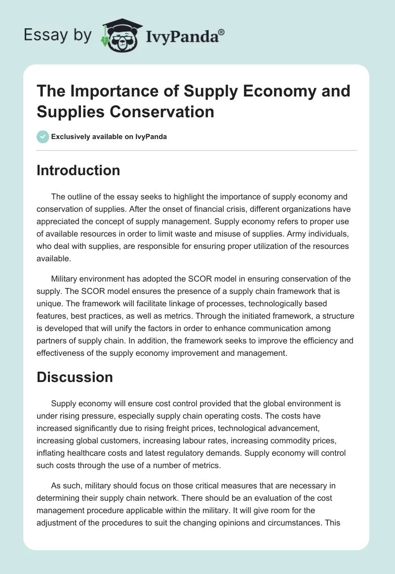 The Importance of Supply Economy and Supplies Conservation. Page 1