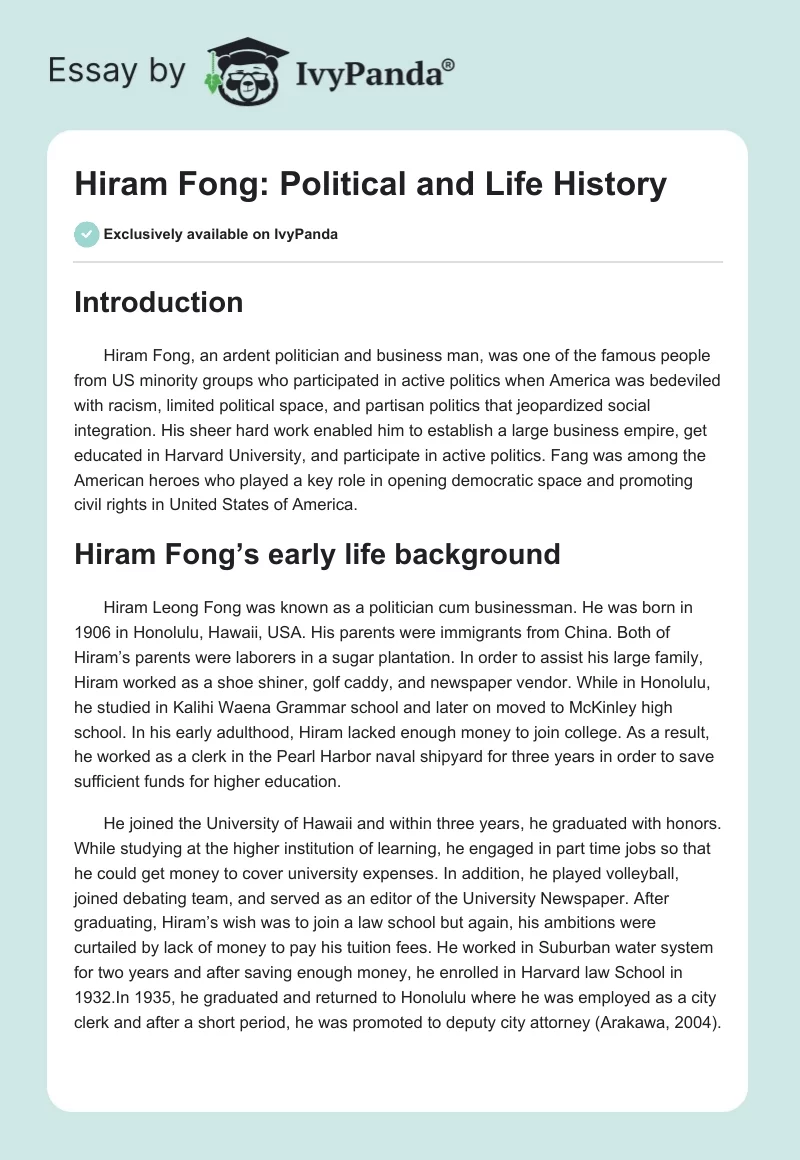 Hiram Fong: Political and Life History. Page 1