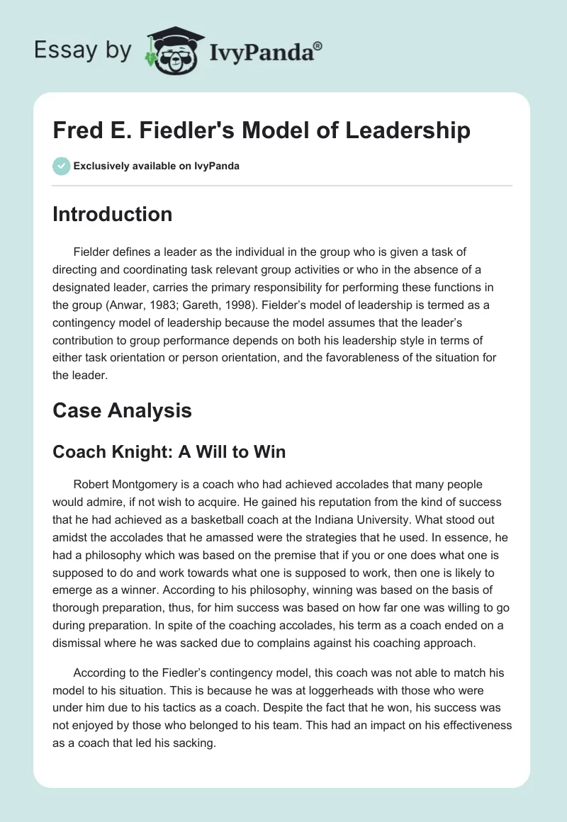 Fred E. Fiedler's Model of Leadership. Page 1