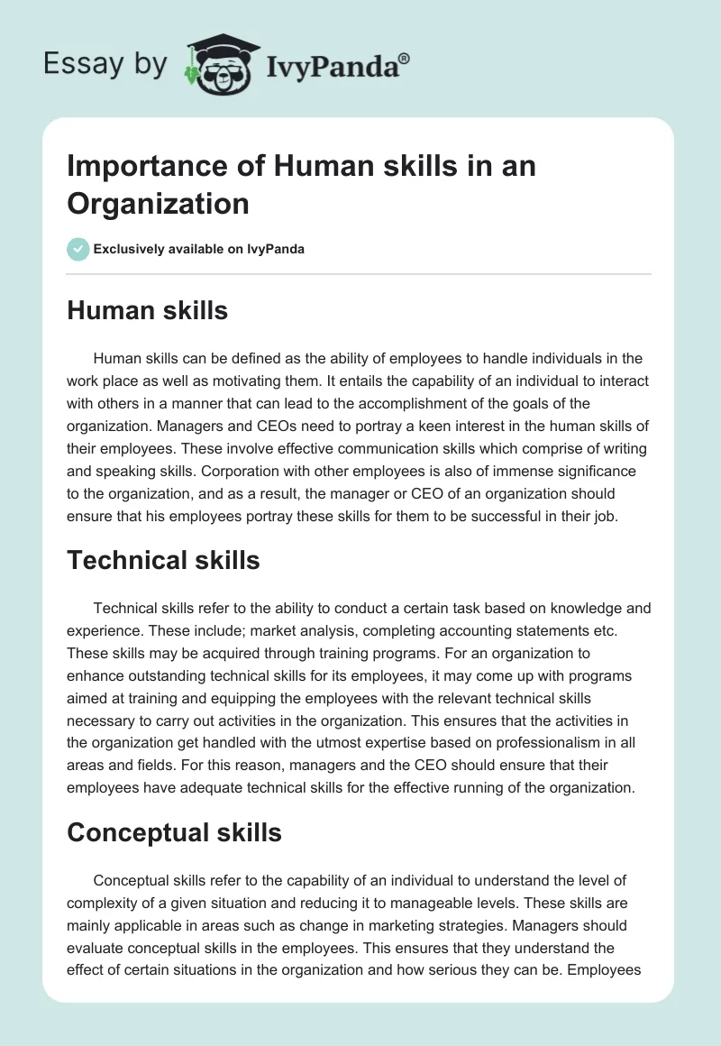 Importance of Human skills in an Organization. Page 1
