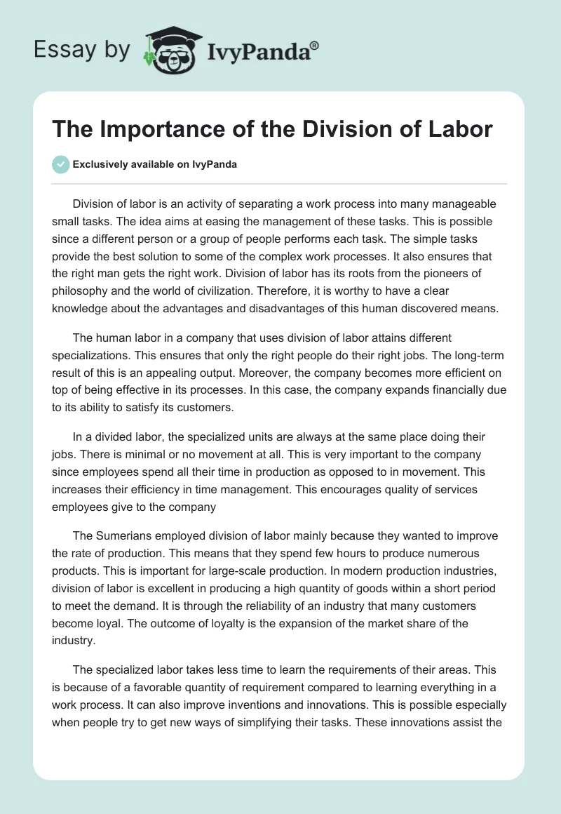 The Importance of the Division of Labor. Page 1