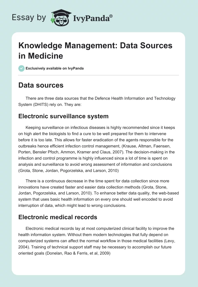 Knowledge Management: Data Sources in Medicine. Page 1
