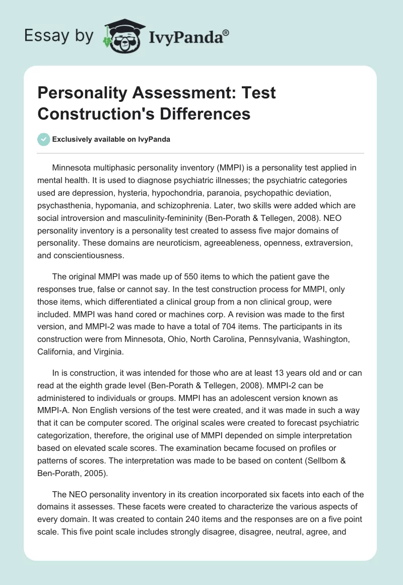 Personality Assessment: Test Construction's Differences. Page 1