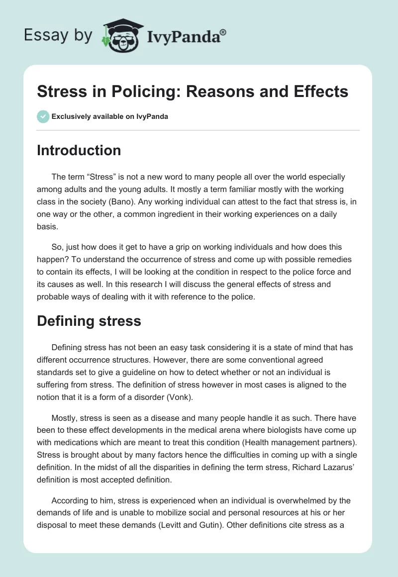 Stress in Policing: Reasons and Effects. Page 1
