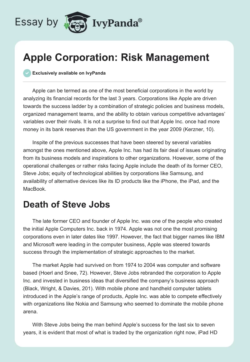 Apple Corporation: Risk Management. Page 1