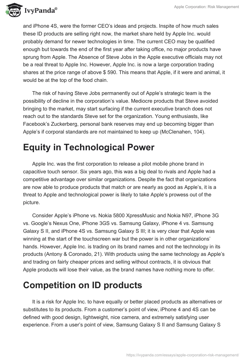Apple Corporation: Risk Management. Page 2