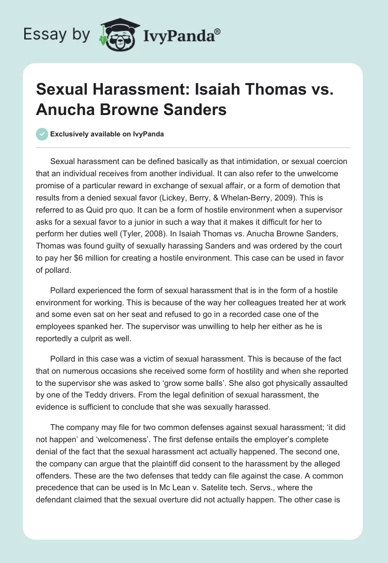 Sexual Harassment: Isaiah Thomas vs. Anucha Browne Sanders. Page 1