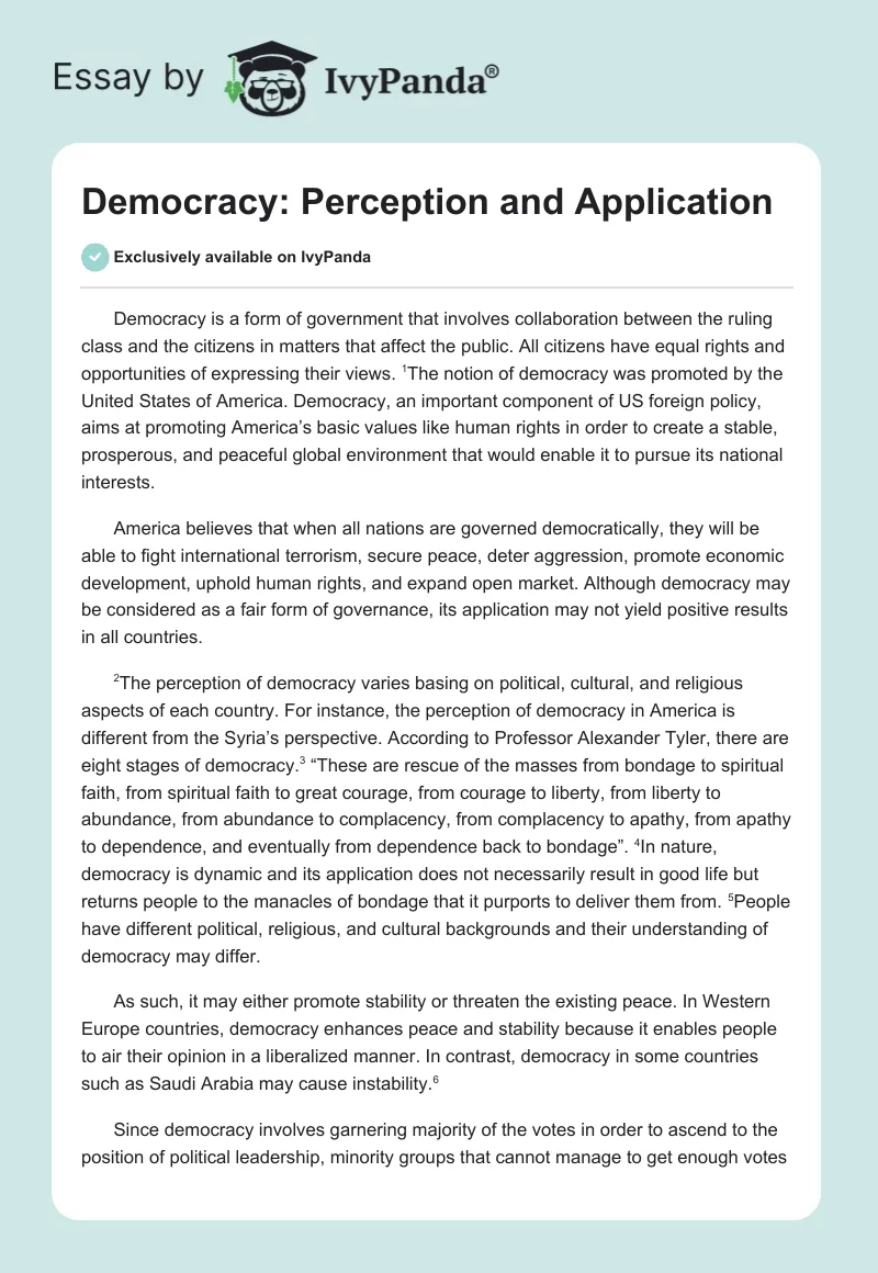 Democracy: Perception and Application. Page 1