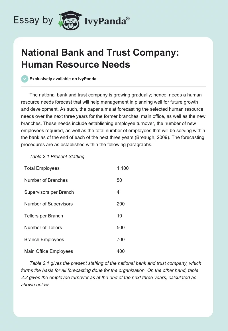 National Bank and Trust Company: Human Resource Needs. Page 1