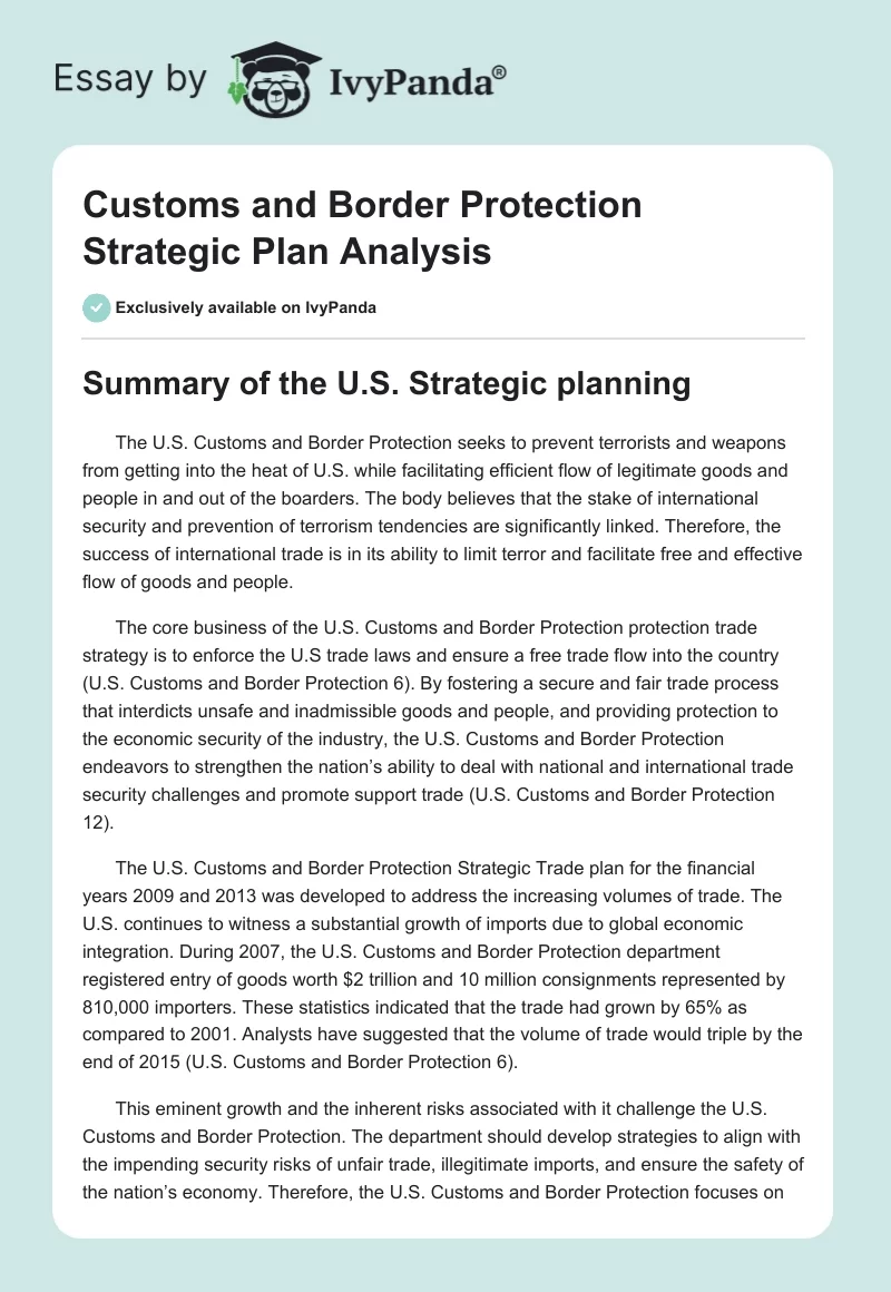 Customs and Border Protection Strategic Plan Analysis. Page 1