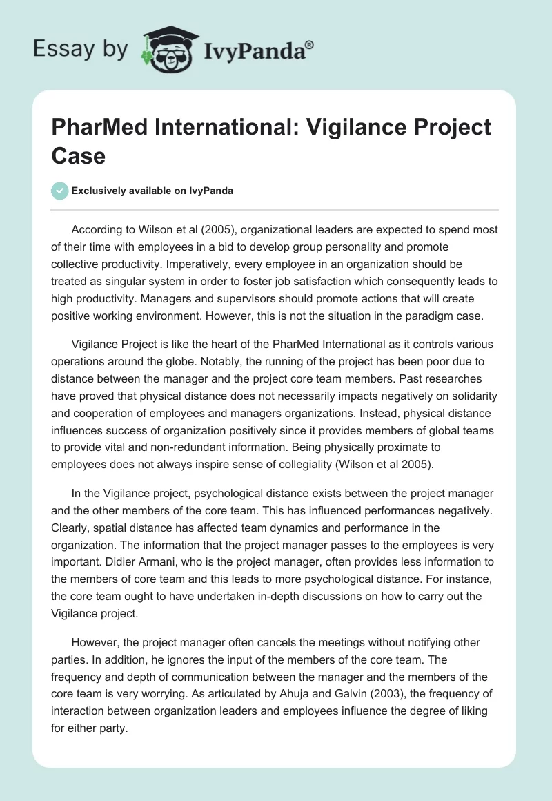 PharMed International: Vigilance Project Case. Page 1