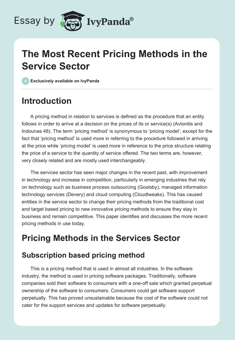 The Most Recent Pricing Methods in the Service Sector. Page 1