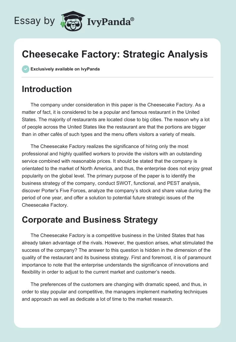 Cheesecake Factory: Strategic Analysis. Page 1