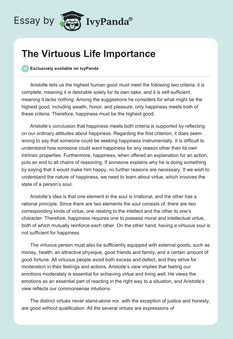 The Virtuous Life Importance. Page 1