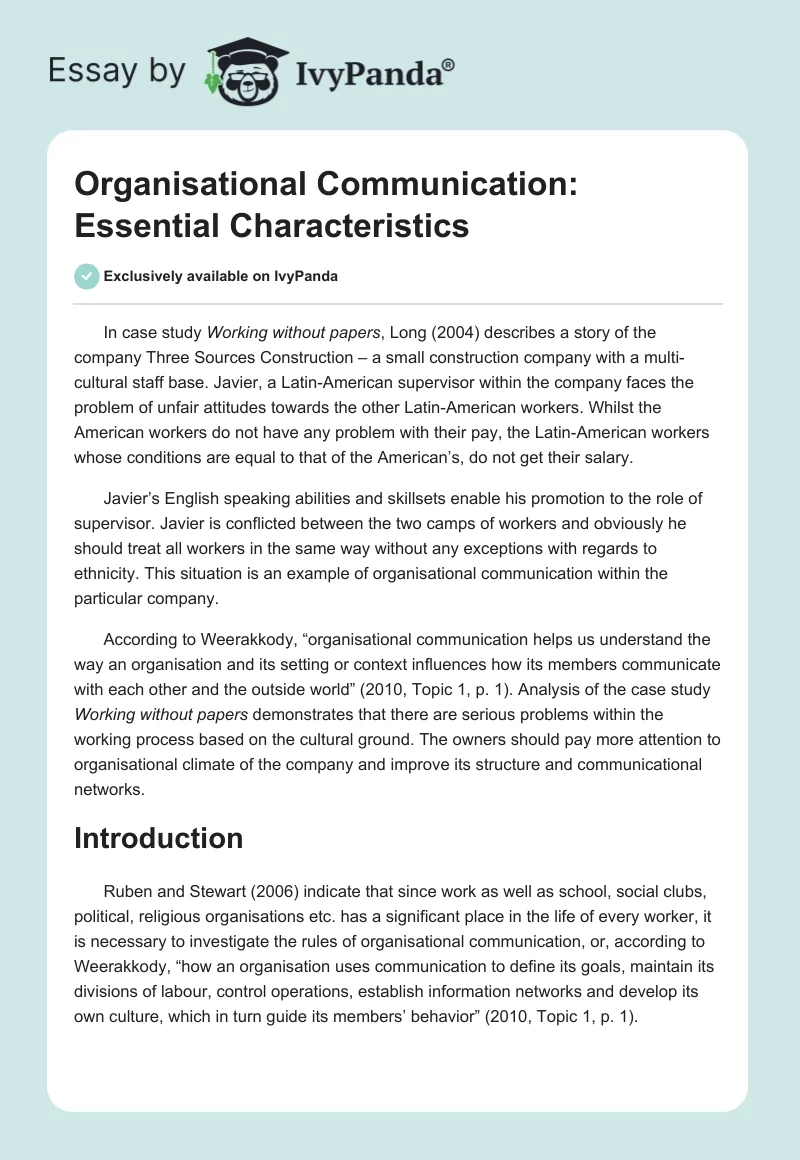 Organisational Communication: Essential Characteristics. Page 1