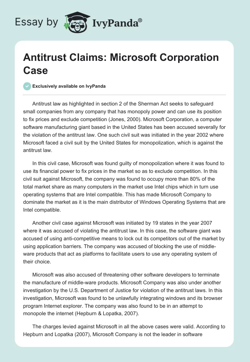 Antitrust Claims: Microsoft Corporation Case. Page 1