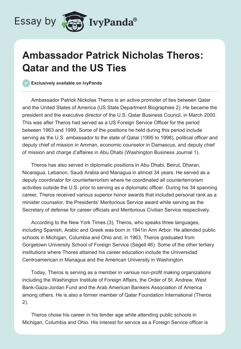 Ambassador Patrick Nicholas Theros: Qatar and the US Ties. Page 1