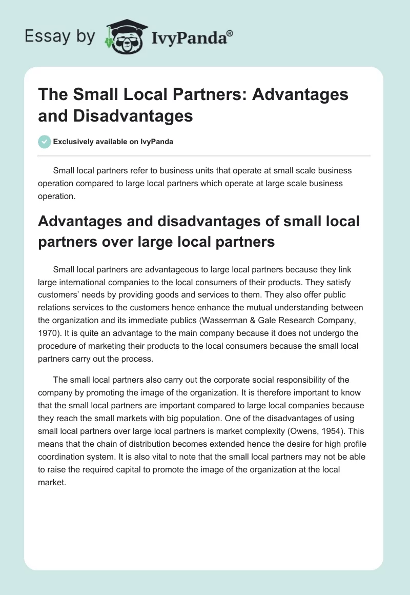 The Small Local Partners: Advantages and Disadvantages. Page 1