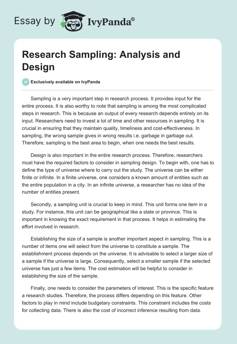 Research Sampling: Analysis and Design. Page 1