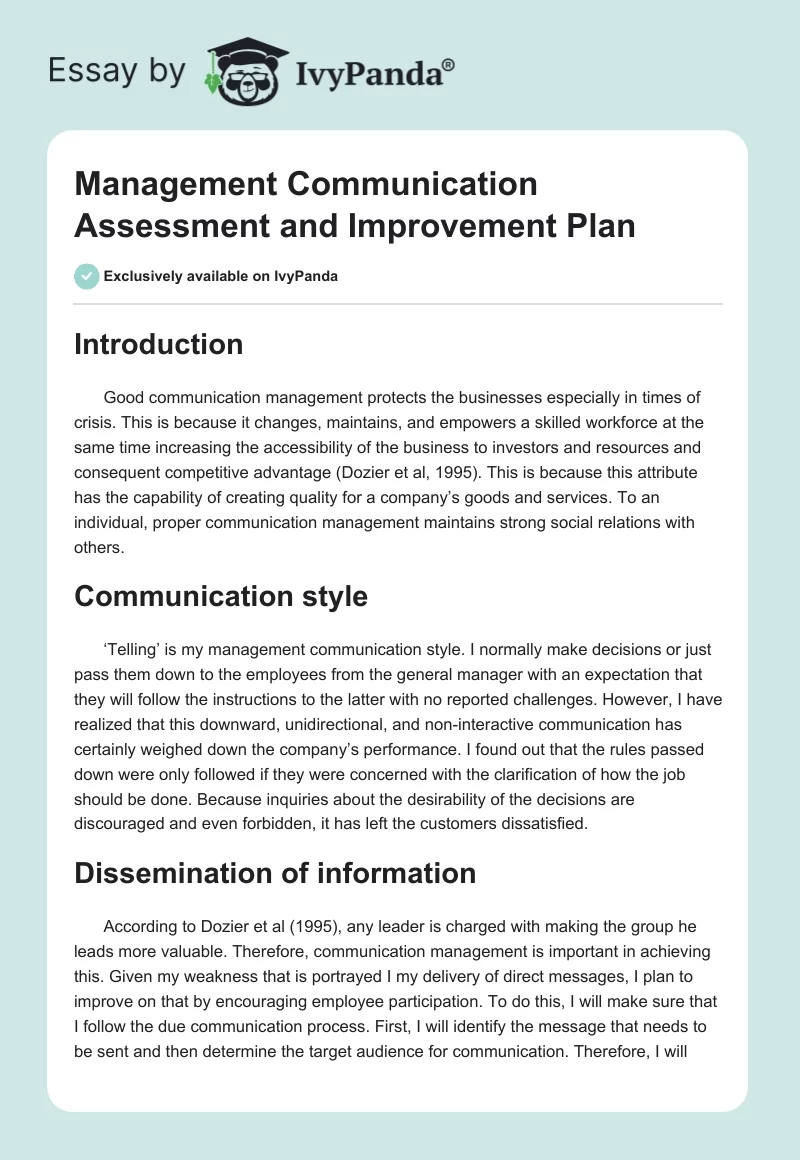 Management Communication Assessment and Improvement Plan. Page 1