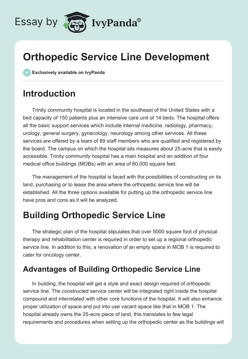 Orthopedic Service Line Development. Page 1