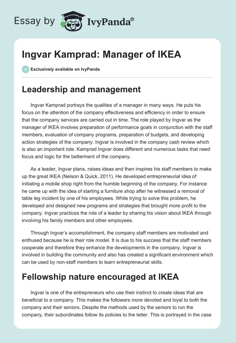Ingvar Kamprad: Manager of IKEA. Page 1