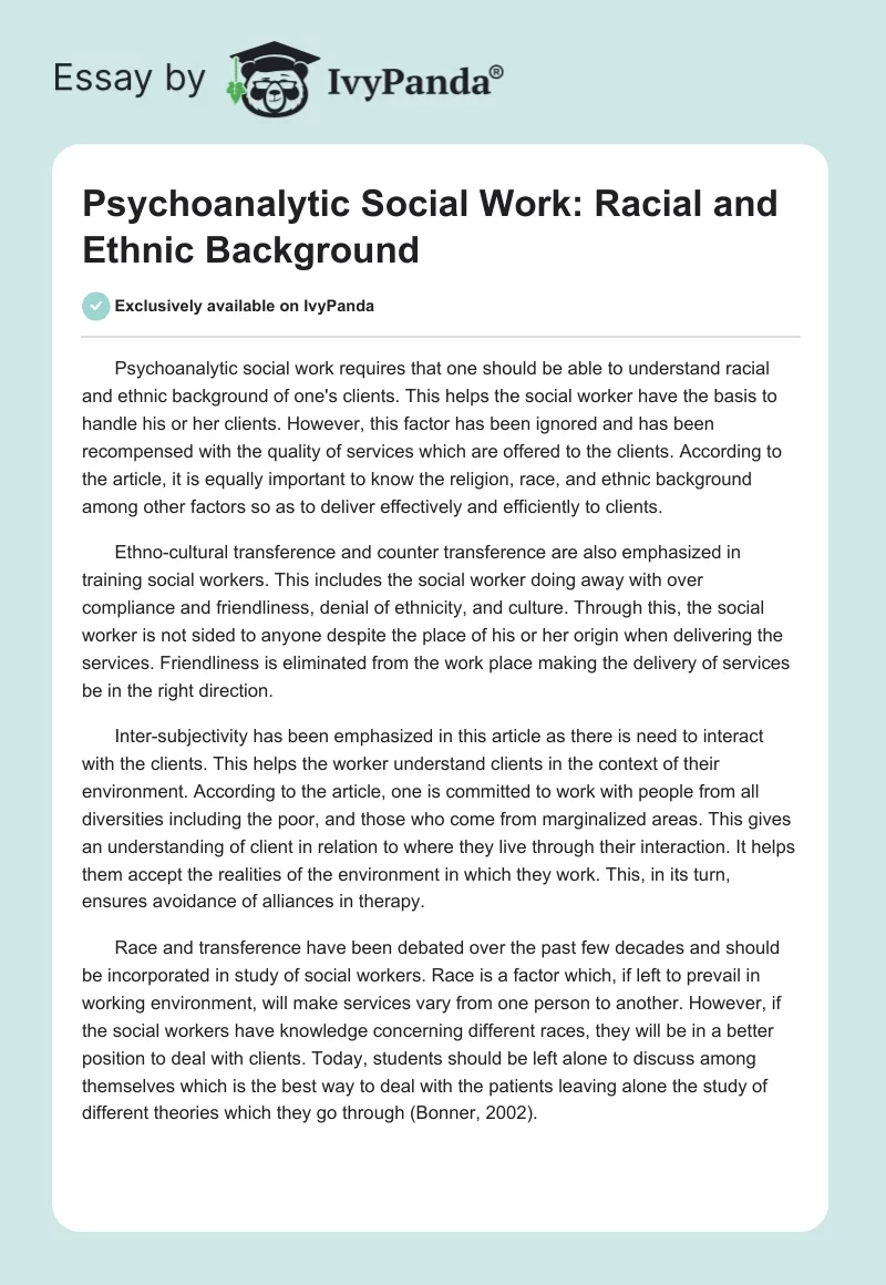 Psychoanalytic Social Work: Racial and Ethnic Background. Page 1