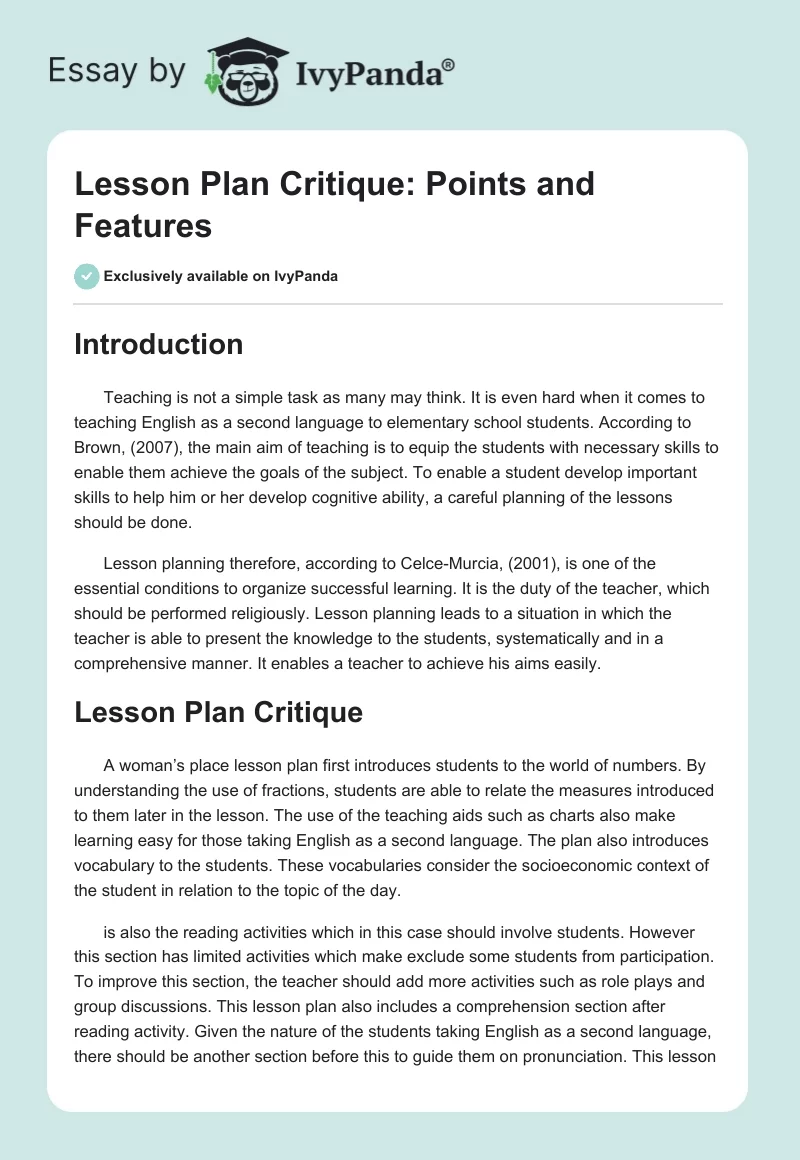 Lesson Plan Critique: Points and Features. Page 1