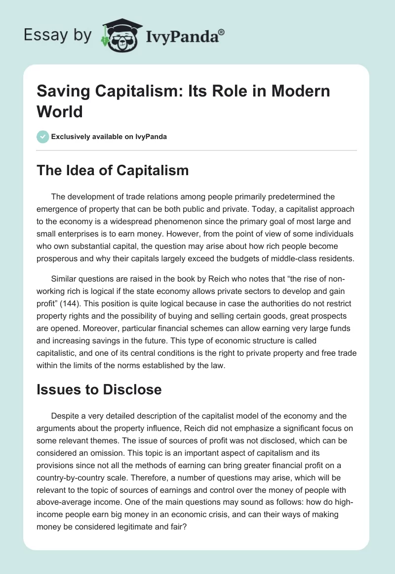 Saving Capitalism: Its Role in Modern World. Page 1