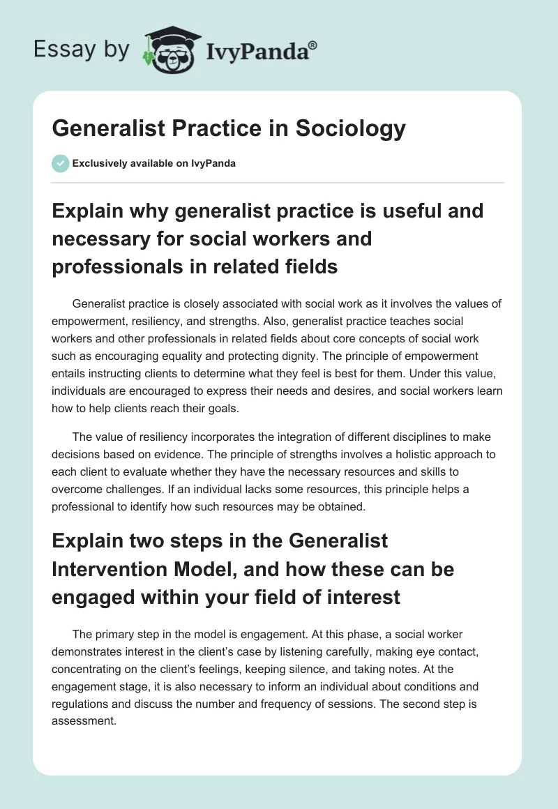 Generalist Practice in Sociology. Page 1