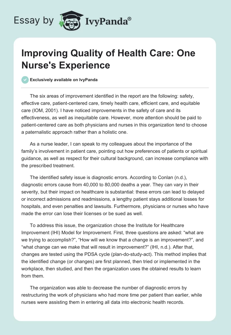 Improving Quality of Health Care: One Nurse's Experience. Page 1