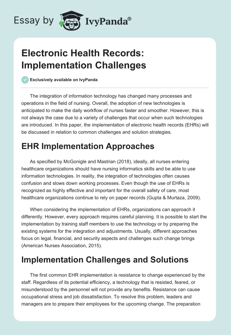 Electronic Health Records: Implementation Challenges. Page 1