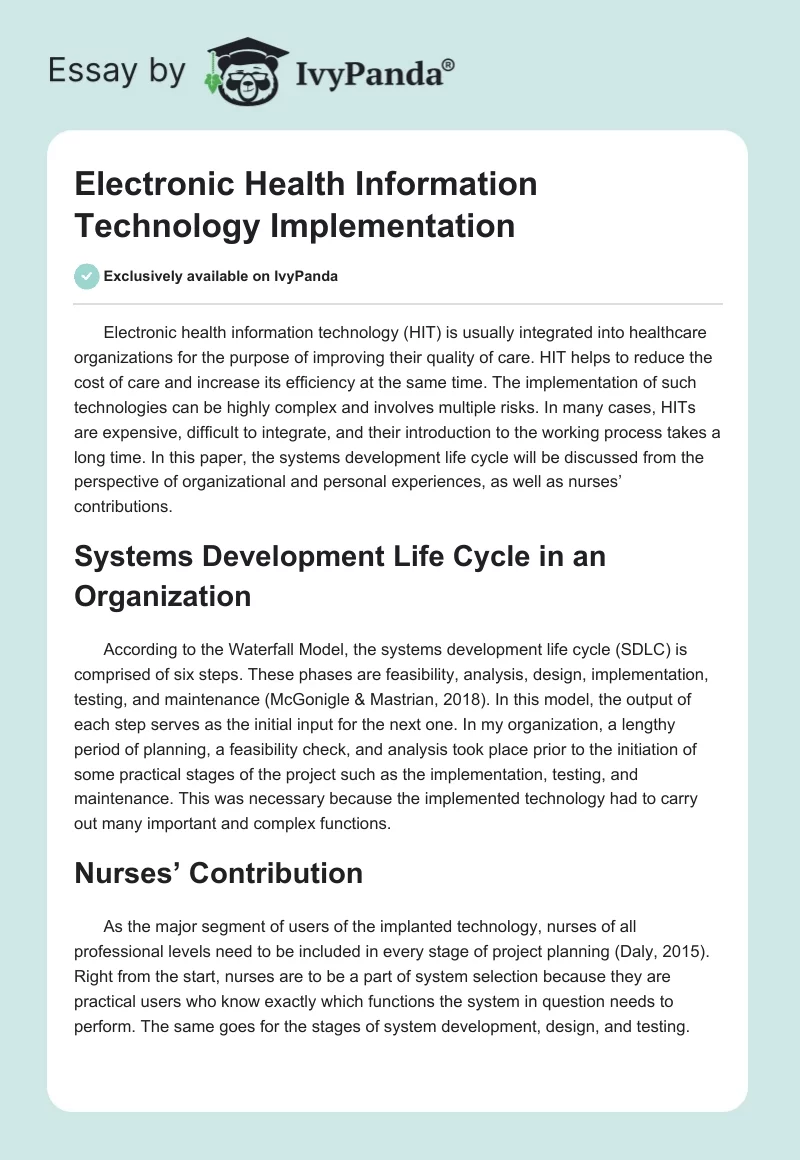Electronic Health Information Technology Implementation. Page 1