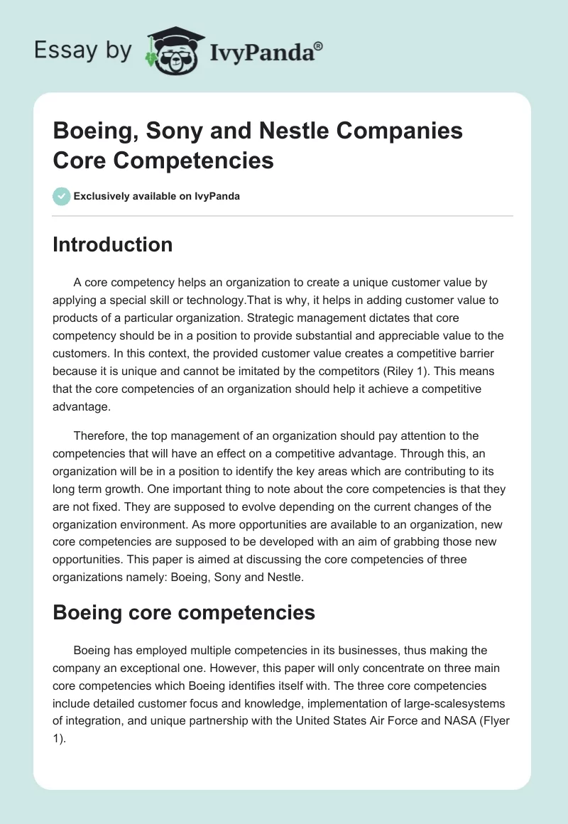 Boeing, Sony and Nestle Companies Core Competencies. Page 1