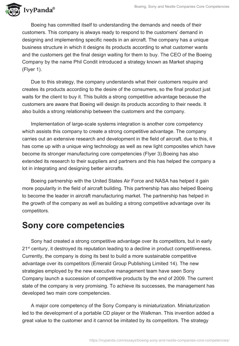 Boeing, Sony and Nestle Companies Core Competencies. Page 2
