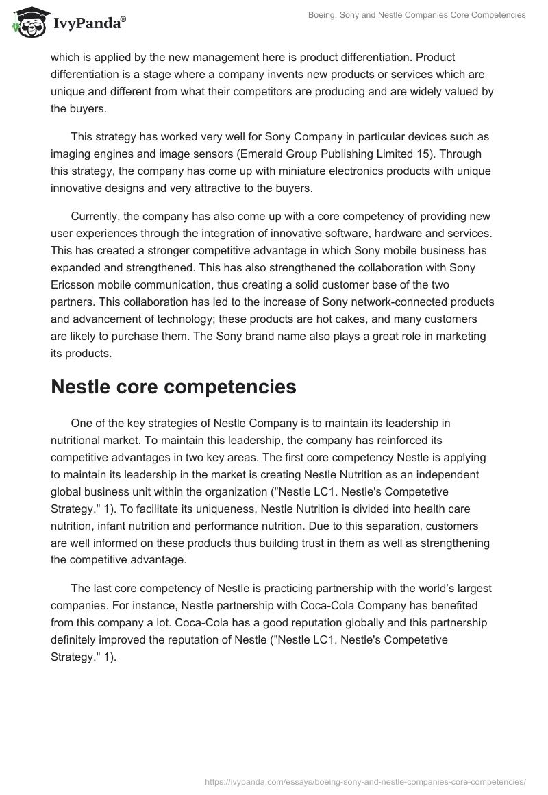 Boeing, Sony and Nestle Companies Core Competencies. Page 3