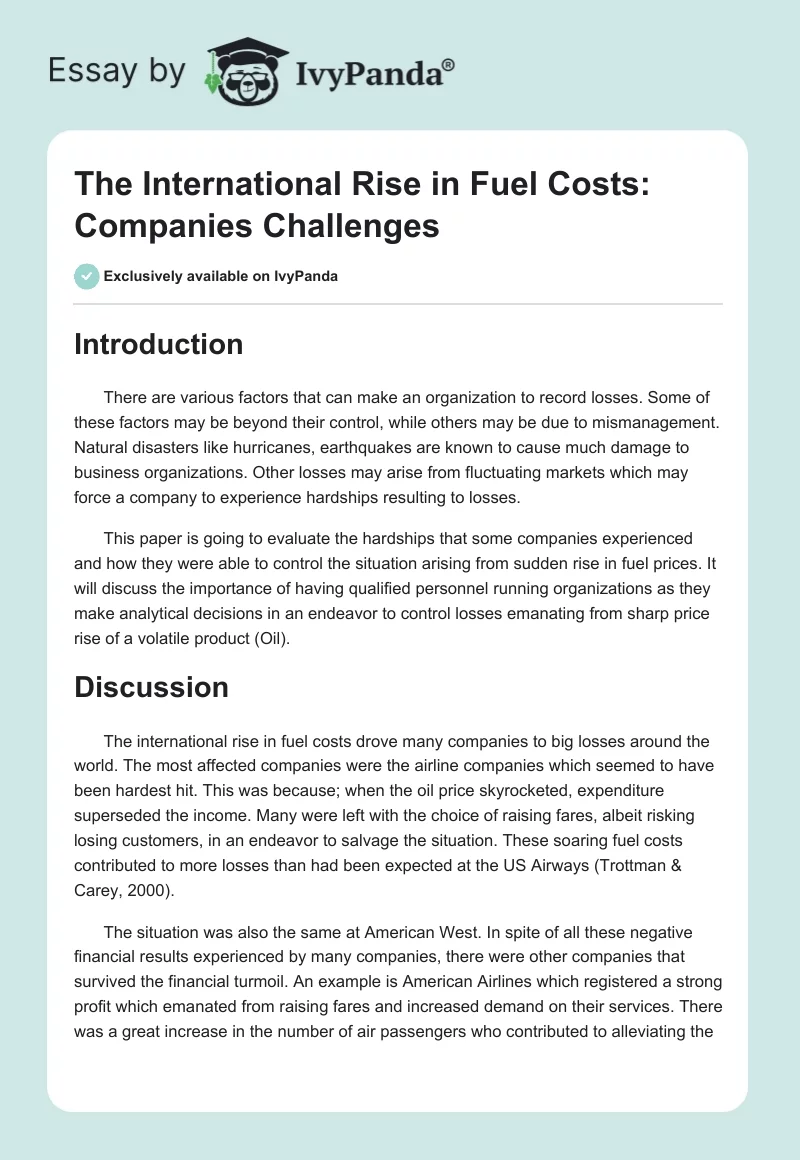 The International Rise in Fuel Costs: Companies Challenges. Page 1