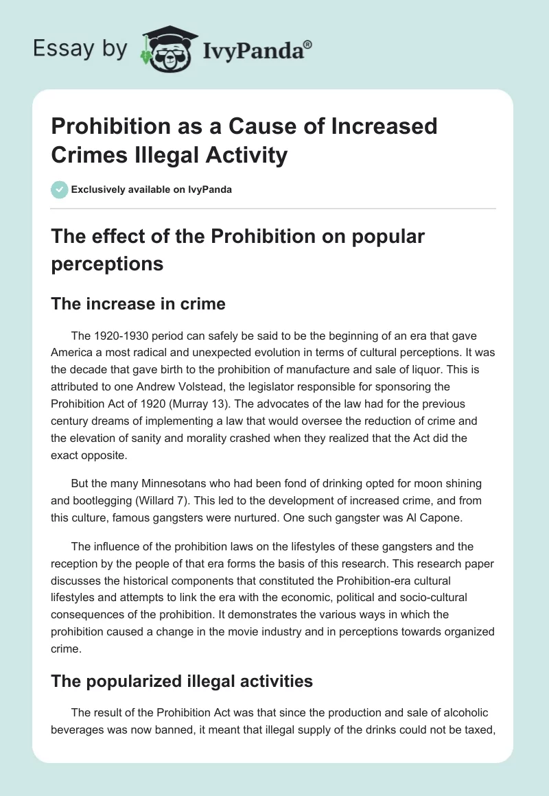 Prohibition as a Cause of Increased Crimes Illegal Activity. Page 1